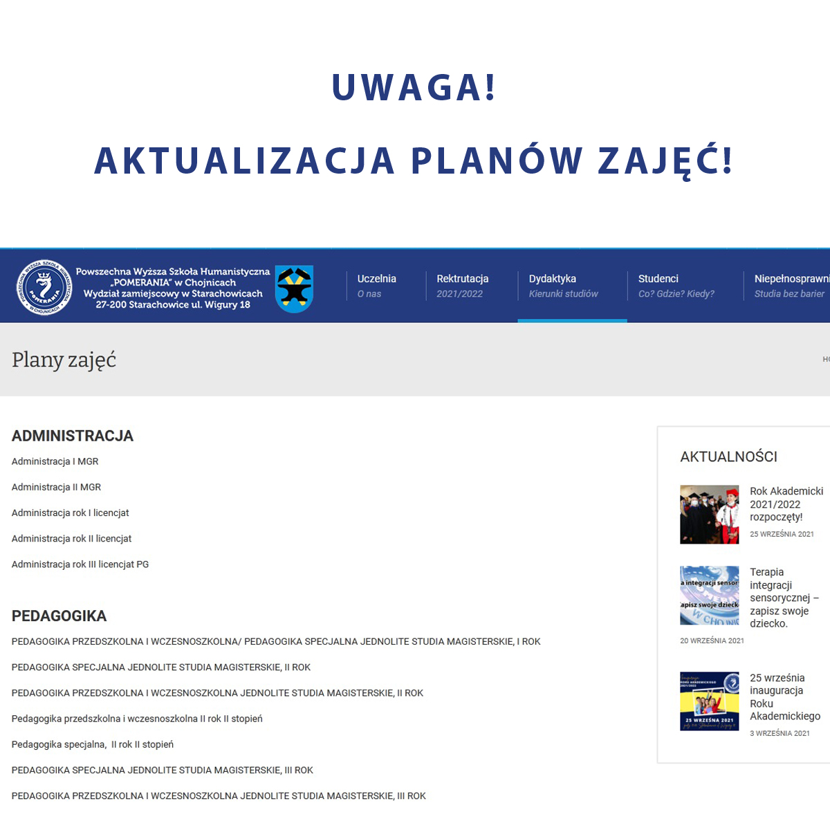 Aktualizacja PLANÓW ZAJĘĆ